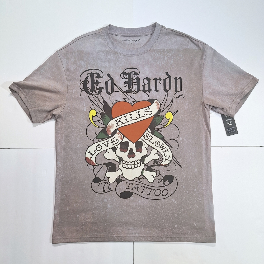 Ed Hardy Gray Short Sleeve Tee with Skull Graphic